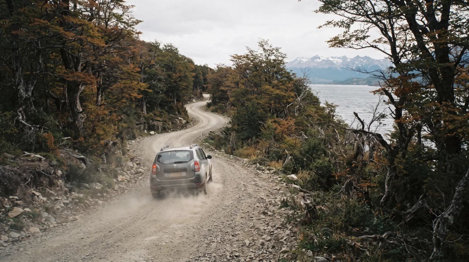 A rental car parked on a gravel roadside overlook with beech forest and the Beagle Channel behind, on the car rental Ushuaia route east of town