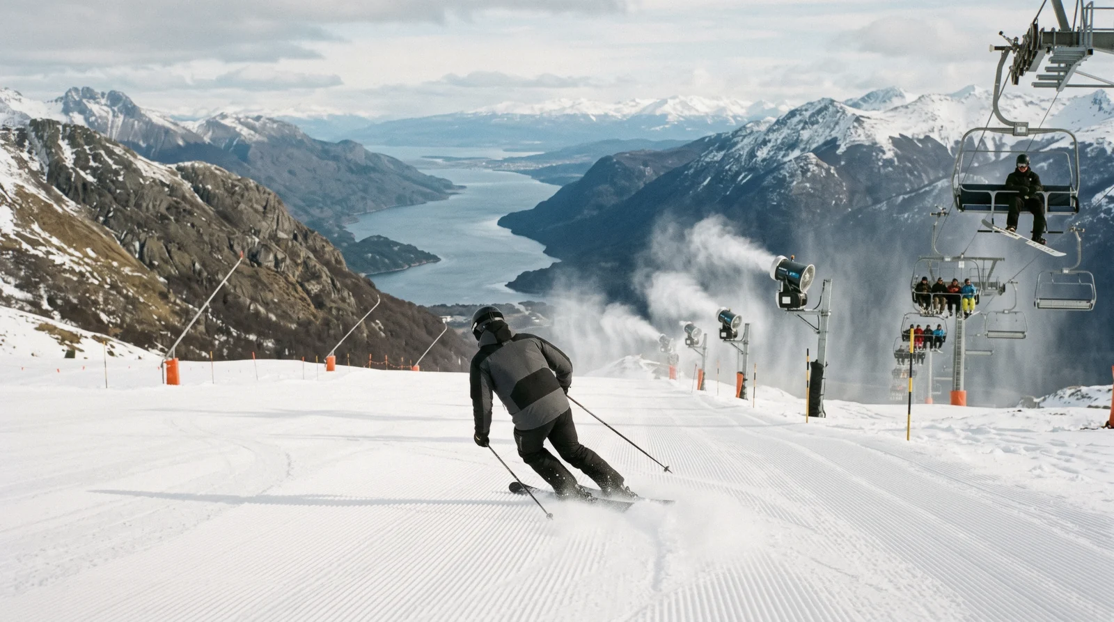 Skiers on a groomed slope at Cerro Castor ski resort in the mountains outside Ushuaia, Argentina