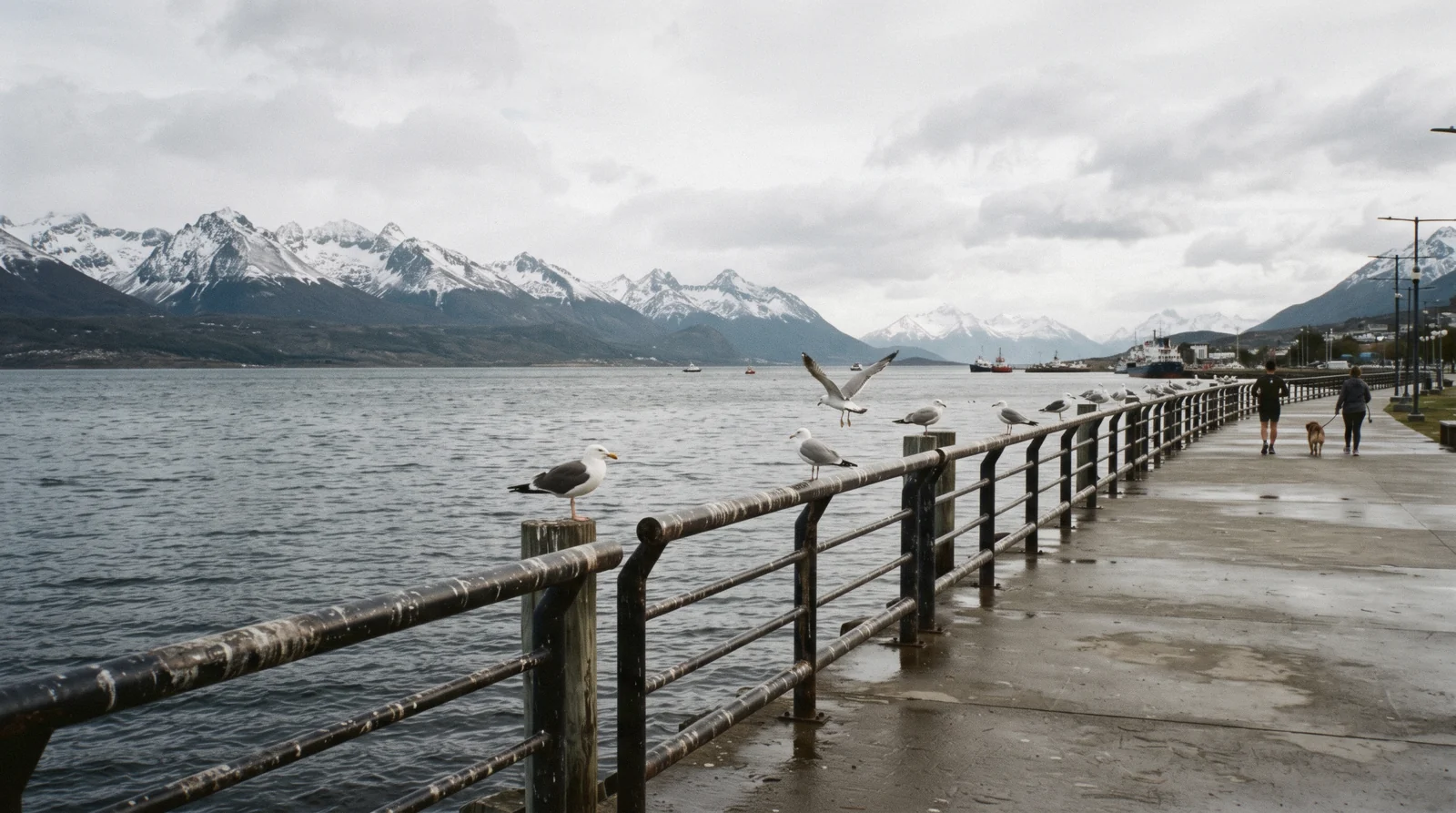 The Ushuaia waterfront and costanera with the Beagle Channel and snow-dusted Martial mountains behind, one of the free things to do in Ushuaia