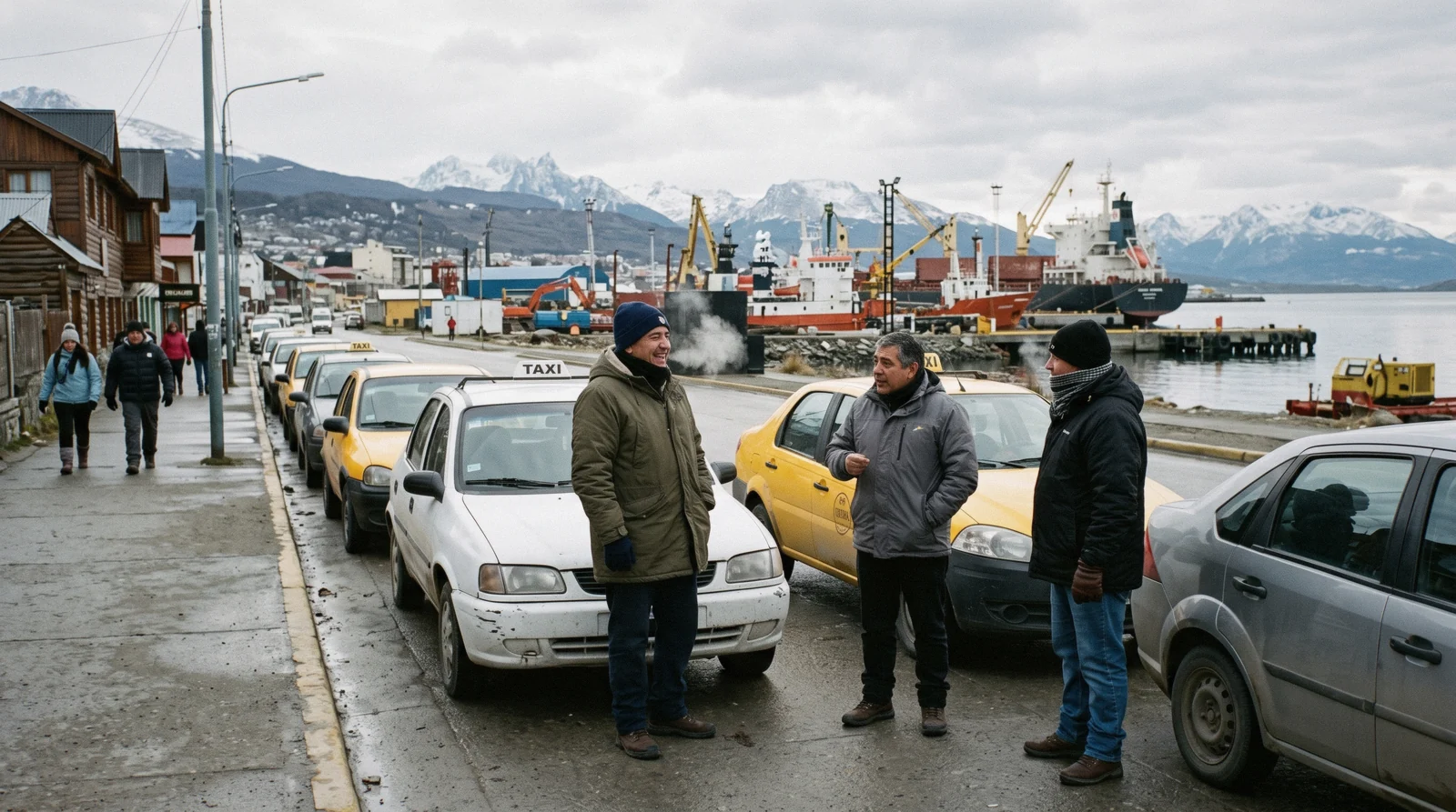 A street climbing the hillside above the port of Ushuaia with taxis and the Martial mountains behind, the practical picture of getting around ushuaia.