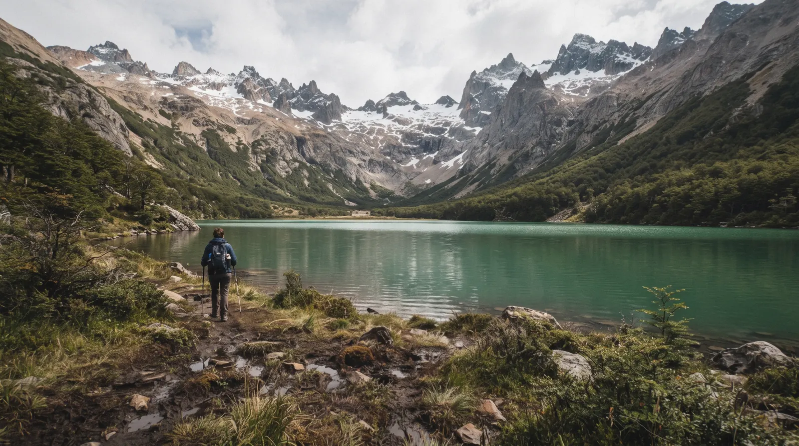 Green water of the Laguna Esmeralda lagoon below the Carbajal range near Ushuaia, Argentina