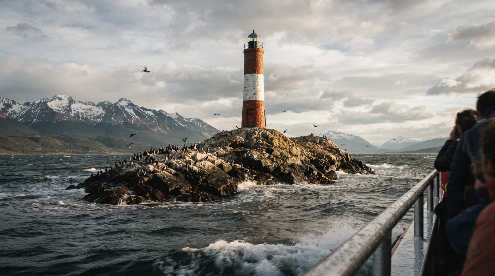 The red and white Les Éclaireurs lighthouse standing on a rocky islet in the grey water of the Beagle Channel near Ushuaia, Argentina