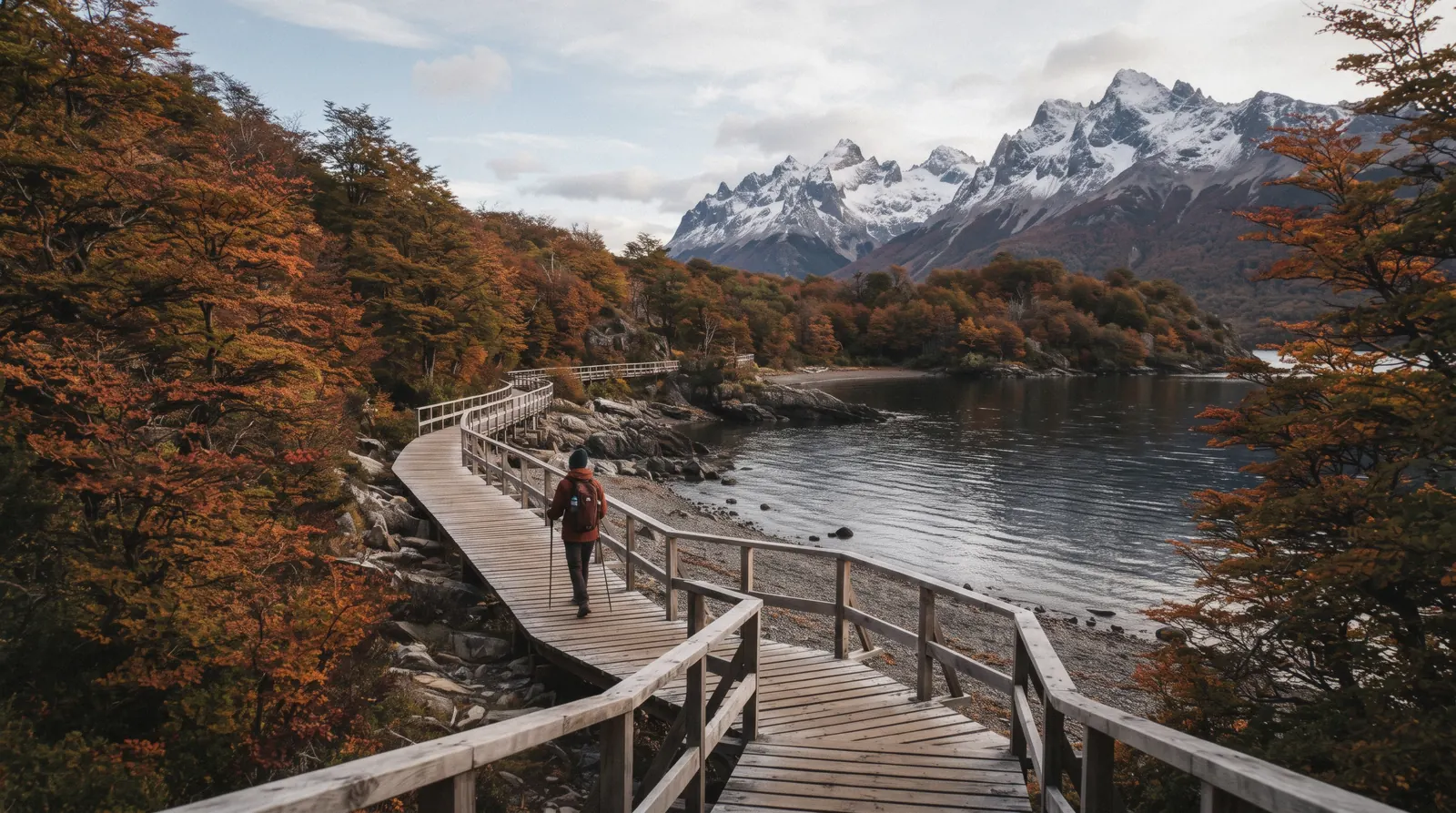 The Beagle Channel shoreline with southern beech forest meeting the water in tierra del fuego national park near Ushuaia, Argentina