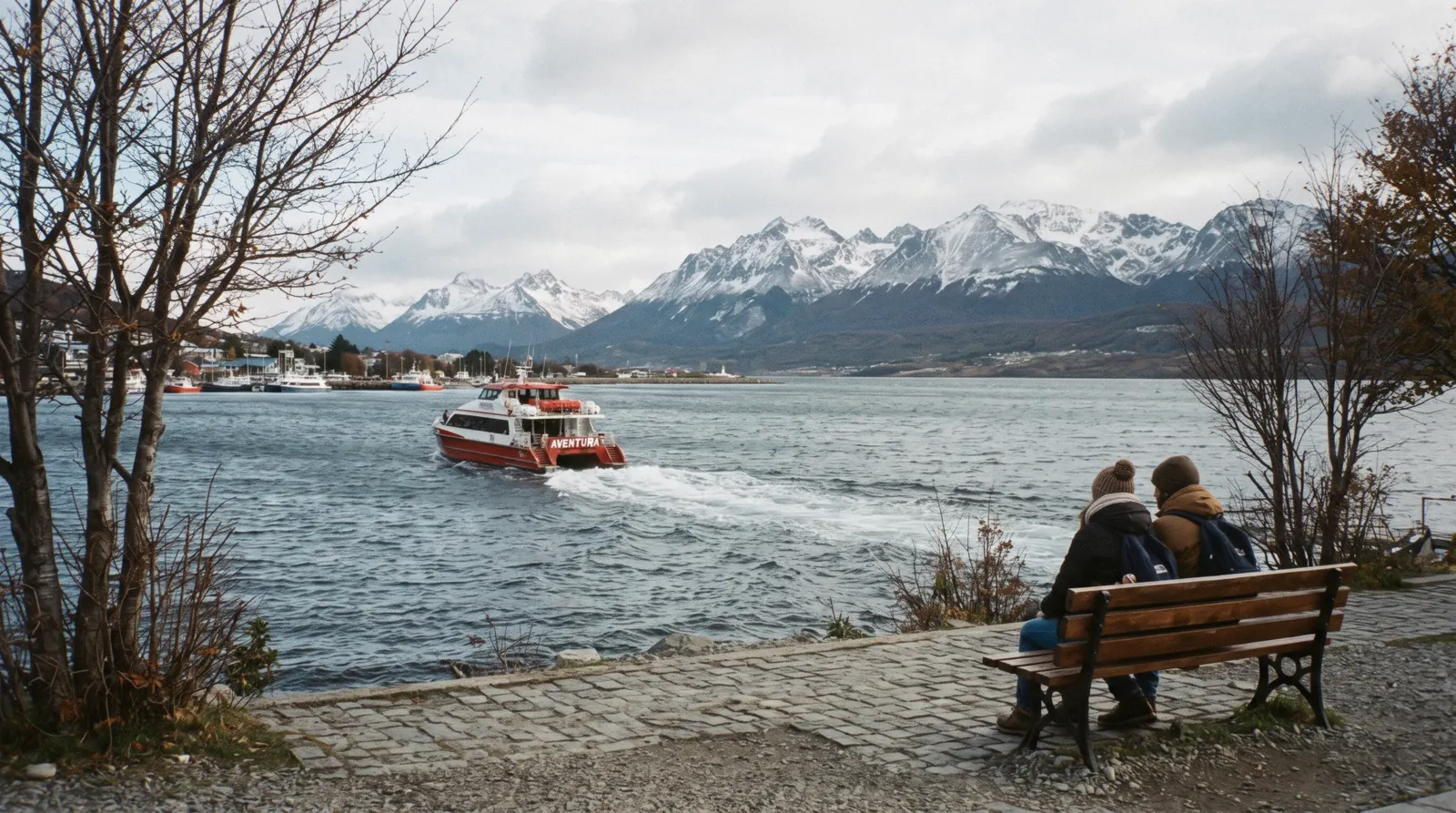 Two-day Ushuaia itinerary with the Beagle Channel, national park forest and the town waterfront under low Patagonian cloud.