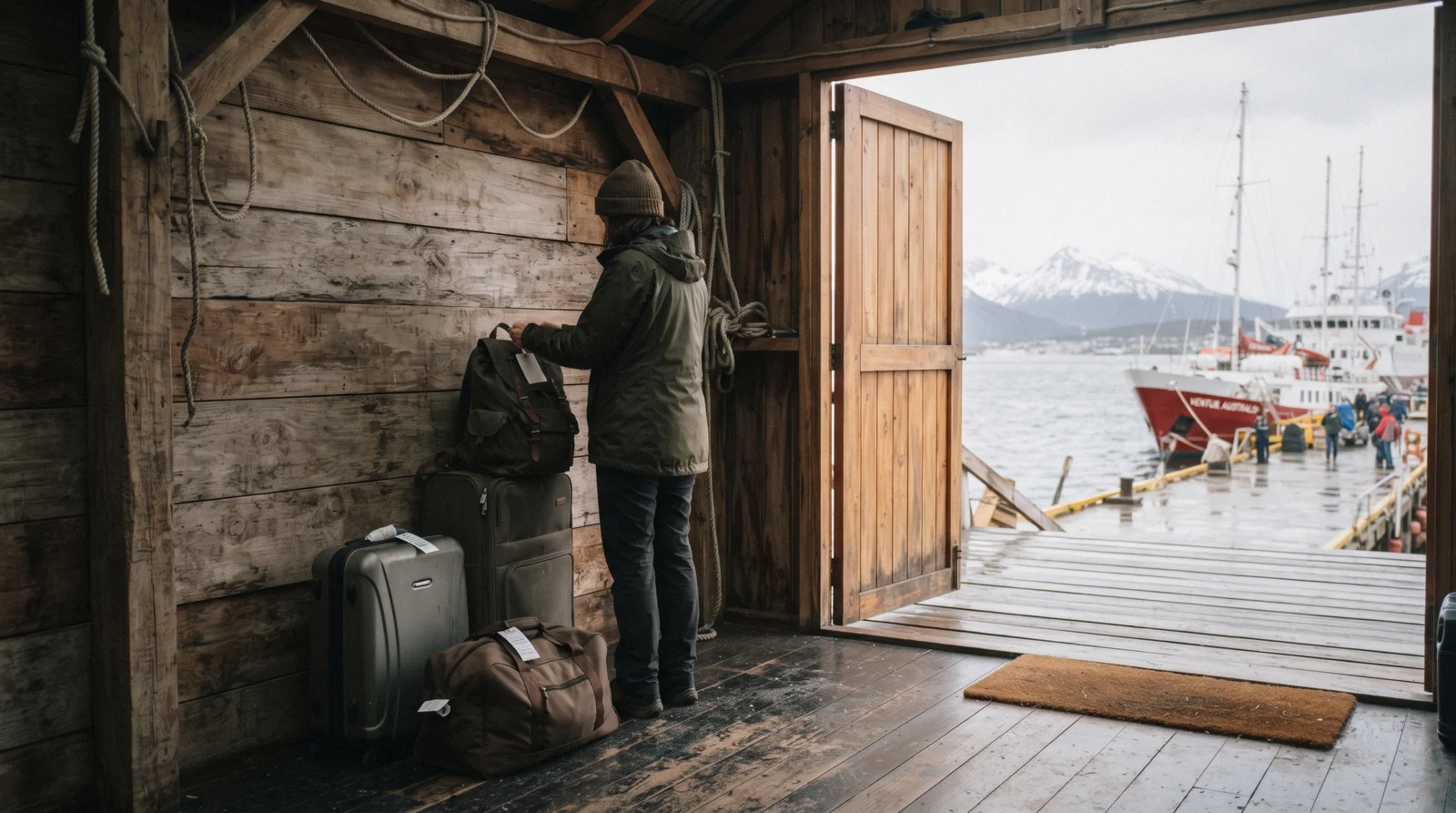 Travellers with backpacks and rolling bags walking along the port avenue of Ushuaia, Argentina, looking for luggage storage.
