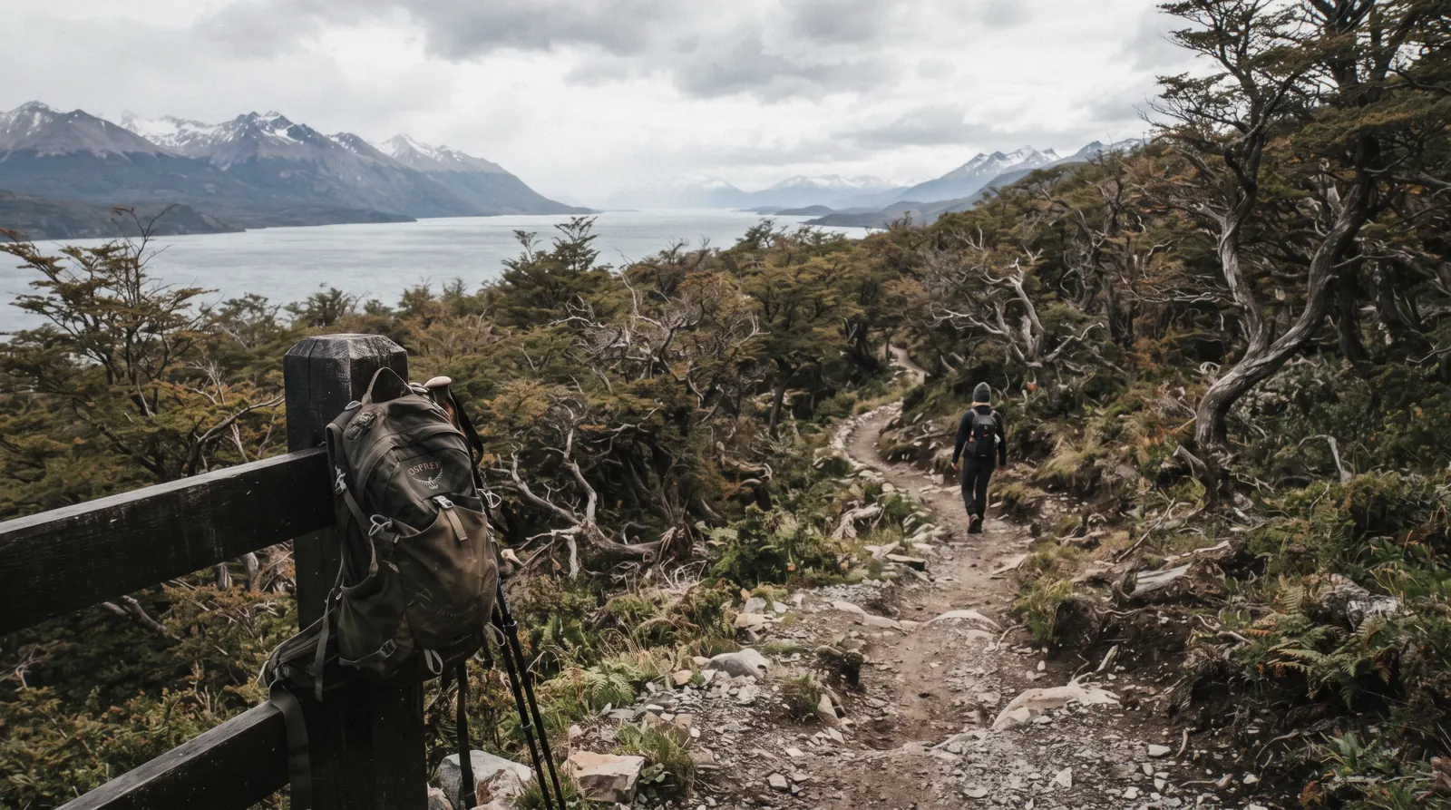 A walker on the Ushuaia waterfront with the Martial mountains behind, one of the classic ushuaia walks