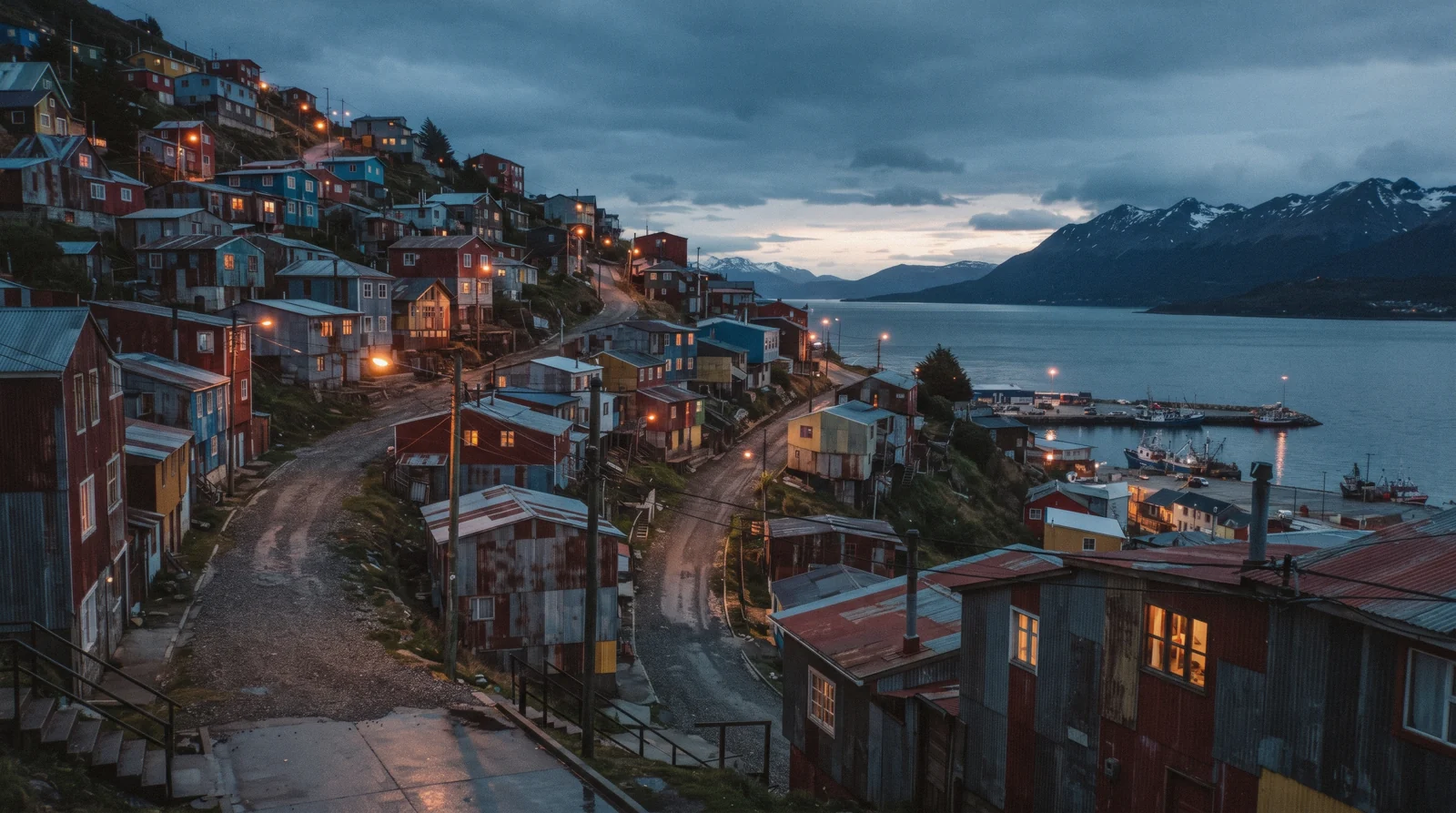 Rooftops and hotel blocks of Ushuaia climbing a hillside above the Beagle Channel, Argentina, seen while deciding where to stay in Ushuaia