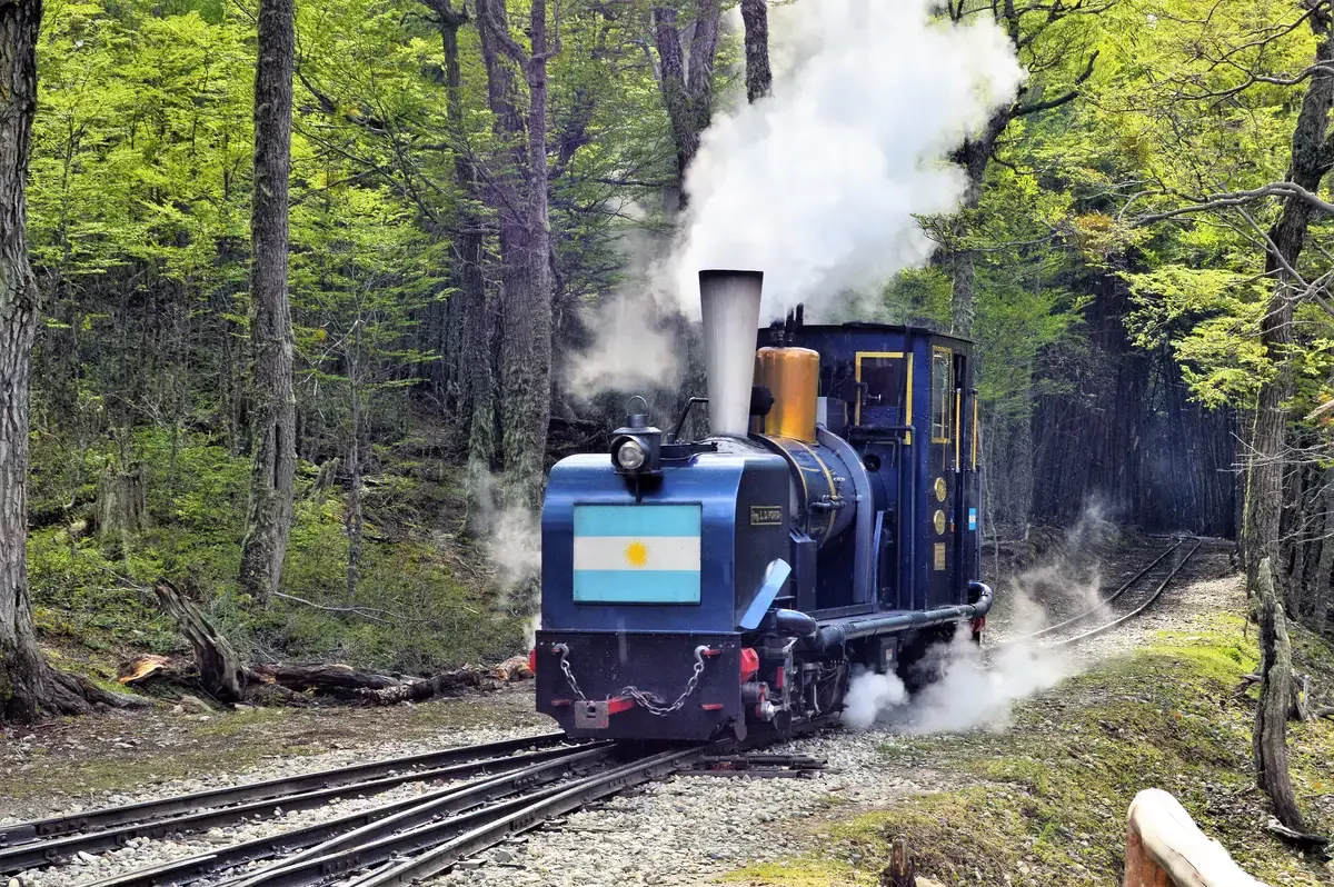 Locomotive of the End of the World Train waiting at the station in Tierra del Fuego National Park near Ushuaia, Argentina