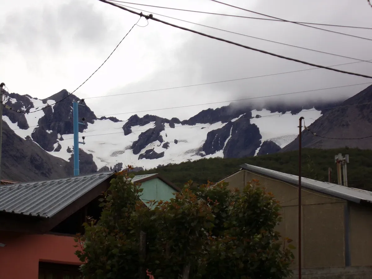 The Martial glacier cirque above Ushuaia with snow patches and the ski lift line, Argentina